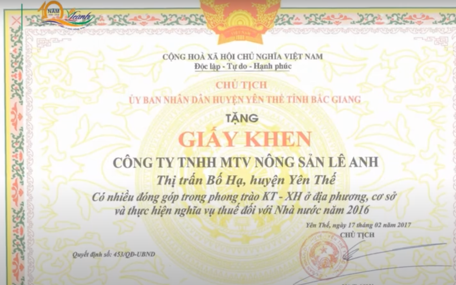 Bằng khen của Uỷ ban nhân dân huyện Yên Thế tỉnh Bắc Giang trong phong trào KT-XH ở địa phương năm 2016 Bằng khen của Uỷ ban nhân dân huyện Yên Thế tỉnh Bắc Giang trong phong trào KT-XH ở địa phương năm 2016