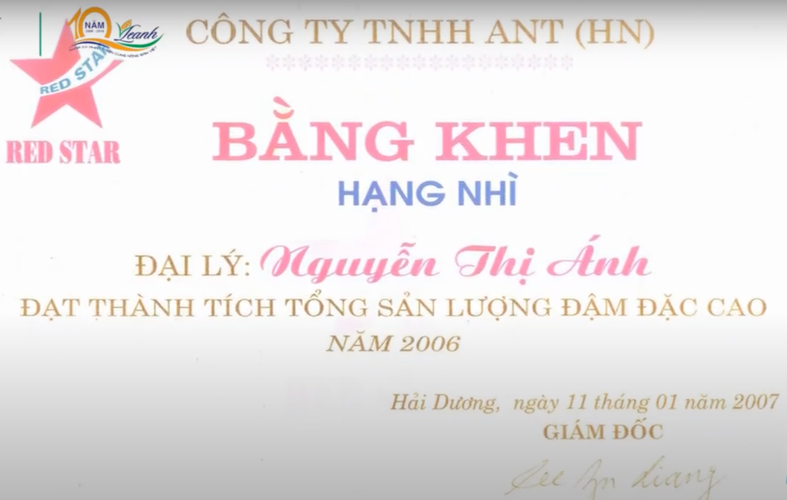 Bằng khen Đại lý có Tổng sản lượng đậm đặc cao năm 2006 Bằng khen Đại lý có Tổng sản lượng đậm đặc cao năm 2006