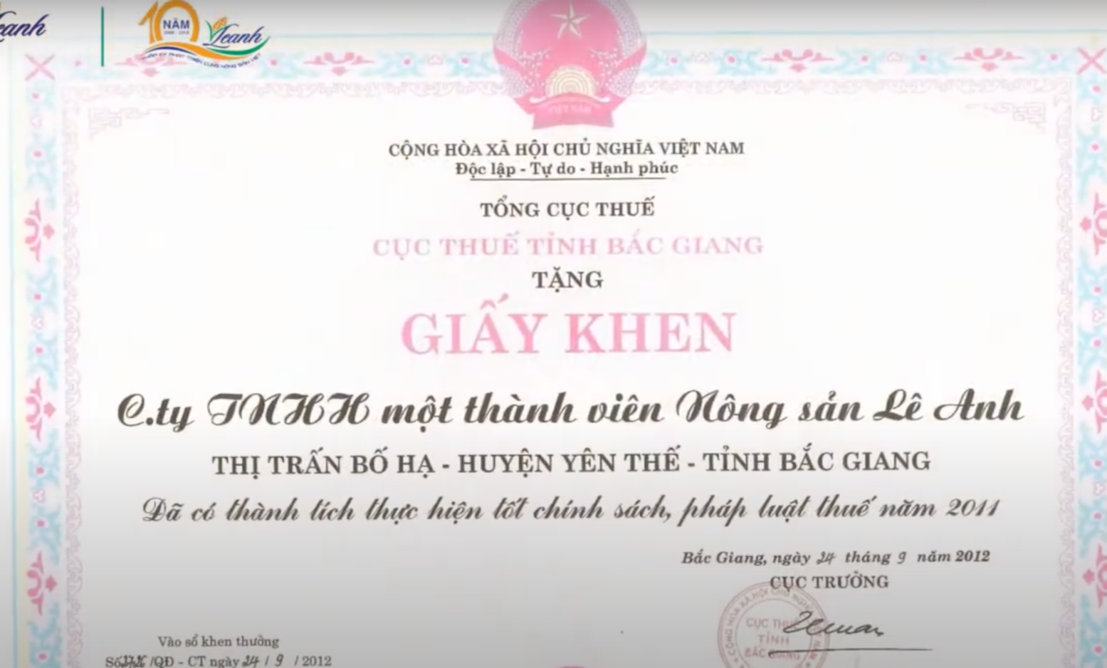 Bằng khen của Cục Thuế tỉnh Bắc Giang năm 2011 Bằng khen của Cục Thuế tỉnh Bắc Giang năm 2011