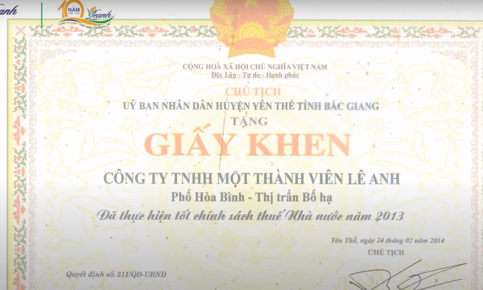Bằng khen của Uỷ ban nhân dân huyện Yên Thế tỉnh Bắc Giang năm 2013 Bằng khen của Uỷ ban nhân dân huyện Yên Thế tỉnh Bắc Giang năm 2013