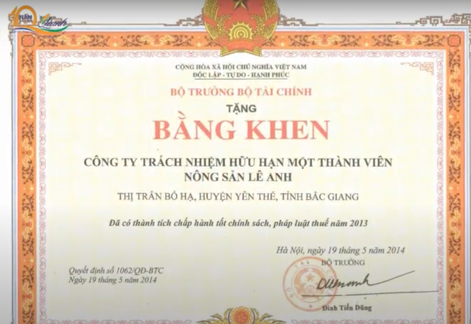Bằng khen của Bộ trưởng Bộ Tài Chính năm 2013 Bằng khen của Bộ trưởng Bộ Tài Chính năm 2013